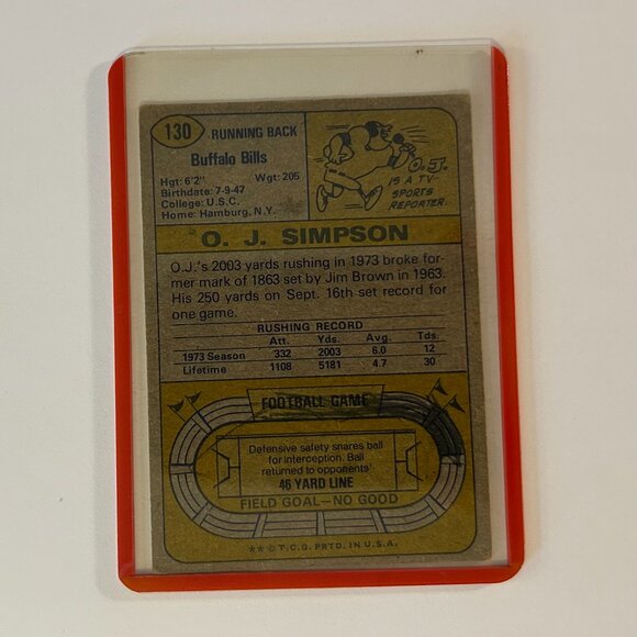 Awesome O.J. Simpson 1974 Topps All Pro #130 Card - 1973 Record Setting Year - Picture 2 of 2